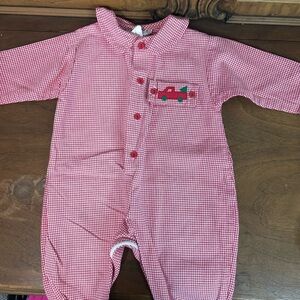 Funtasia too Dallas, Red Checkered Baby Romper w/ Christmas Car Design, Size 9m